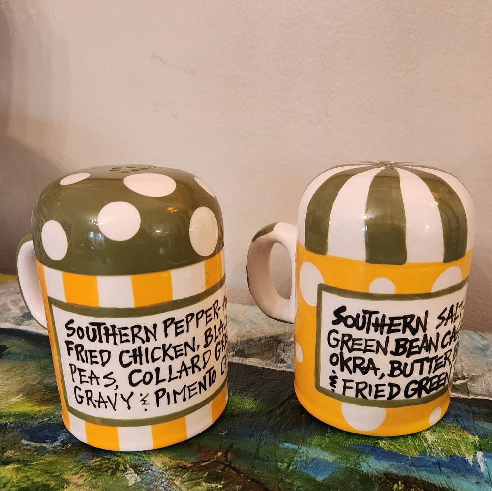 T. Cabells Too Southern Salt & Pepper Shaker Set Ceramic Polka Dot Stripe - Picture 2 of 8